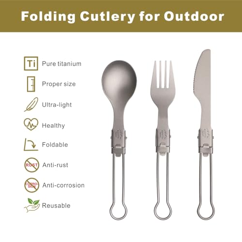 SANTTA Ultra Light Titanium Folding Cutlery Set Including Knife Fork Spoon with Bag for Backpacking, Hiking, Camping and Traveling - style: 3-pc set