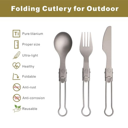 SANTTA Ultra Light Titanium Folding Cutlery Set Including Knife Fork Spoon with Bag for Backpacking, Hiking, Camping and Traveling - style: 3-pc set