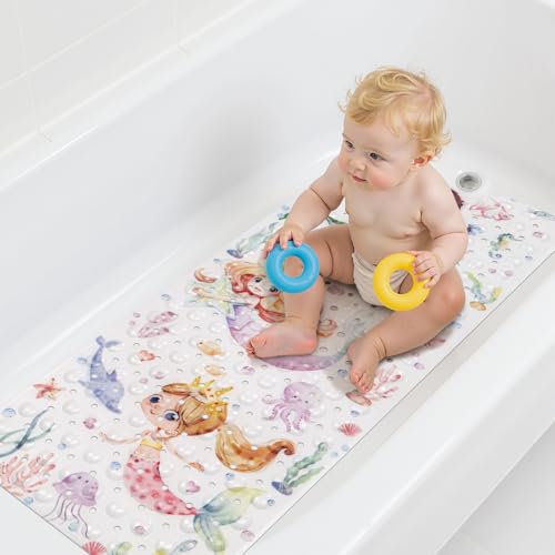 Topotdor Baby Bath Mat, Cartoon Bath Mat for Tub Non Slip Kids, 40x16 Inch Extra Long Toddler Bathtub Mat with Drain Holes & Suction Cups, Machine Washable Anti-Slip Shower Mat, Mermaid - color: Mermaid