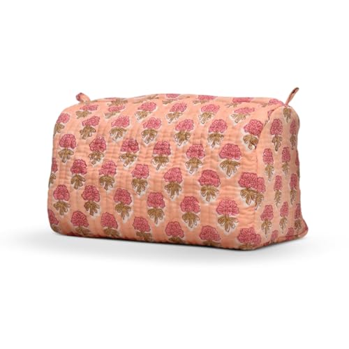 Cotton Hand Block Floral Print Toiletry Bag For Women Make Up Cosmetic Bag Jewelry Organizer Kit Storage Bag Case Travel Accessories Essentials Toiletries Purse Open Pouch, Orange (9.25"x 6.88"x 4.5") - color: Orange, size: Set of 1