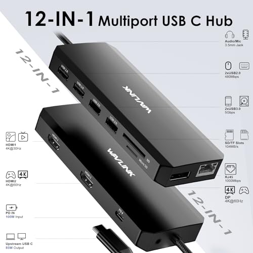 WAVLINK Laptop Docking Station Dual Monitor Triple Display for Windows OS, USB C Hub with 2 HDMI, DisplayPort, 100W PD in, Gigabit Ethernet, USB 3.0/2.0 Ports, SD/TF Card Reader, Audio