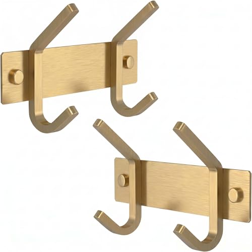 Brushed Gold Small Coat Rack Wall Mount – 6 Inch Stainless Steel Rail with 2 Double Coat Hooks for Entryway, Bathroom, Bedroom, Kitchen – Modern Gold Hook Rack for Coats, Hats, Towels - 2 Pack - color: Gold, size: 2 Hooks - 2 Pack