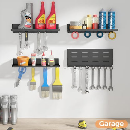 Folding Metal Shelf with Hooks, Wall Mounted Laundry Room Shelf, 8 Hooks & 90° Fold Up, Fold-Down for Rv, Bathroom, Kitchen, Garage, Space Saving, Small Space, Black（17.0", 1 Pack） - color: 17.0" , 1-pack