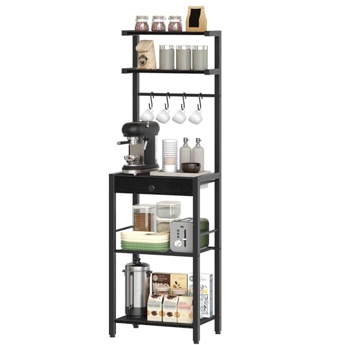 YATINEY Bakers Rack, 5-Tier Coffee Bar Station, Coffee Stand with Pod Drawer Holder, Versatile Kitchen Storage Rack with 4 Hooks, for Living Room, Cafe Corner, Black KF01BB - color: Black
