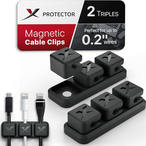 Magnetic Cable Holders X-Protector 2 Triples - Premium Cable Clips - Self-Adhesive Cable Holder for Car - Cord Organizer for Desk - Cable Organizer - Black Wire Organizer - Cord Management for Wires! - size: 2 Triples