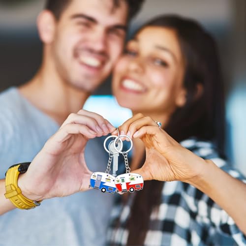 Thinp 2 Pieces Camper Keychain, RV Camper Keyring Accessories for Travel Trailers Enameled Metal Retro Camping Car Keychain - color: Blue+red