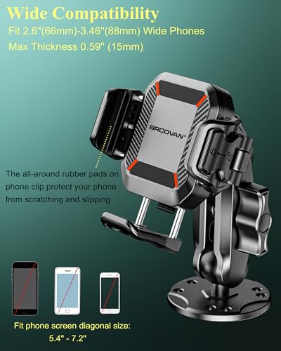 BRCOVAN Anti-Theft Phone Mount Holder with Vibration Dampener, 1s Locking | Don't Block Camera, with Aluminum Round Base & Medium Arm, for Car Boat Truck Motorcycle UTV, Fit 5.4-7.2'' Smartphones