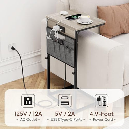 Vagusicc C-Shaped End Table Set of 2 with Charging Station, Small Side Table for Couch, Adjustable Height Couch Side Table, Slide Under Sofa Table TV Tray Tables for Living Room, Bedroom,Bedside, Gray - color: 2pc Greige