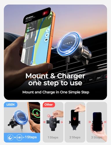 LISEN 15W MagSafe Car Mount Charger,[Light Pink] Magnetic Wireless Car Charger, Dashboard & Air Vent Car Phone Mounts, Car Phone Holder for iPhone 17-12, Samsung, Pixel, Cute Car Accessories for Women | [Light Pink & Purple LED light] Magsafe Car Mount Ch
