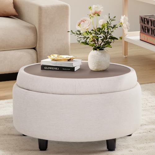 COLAMY Fabric Round Storage Ottoman with Reversible Tray Lid – Multi-Functional Footrest, Hidden Storage, Sturdy & Stylish Small Coffee Table for Living Room, Bedroom, or Entryway(Beige) - color: Beige