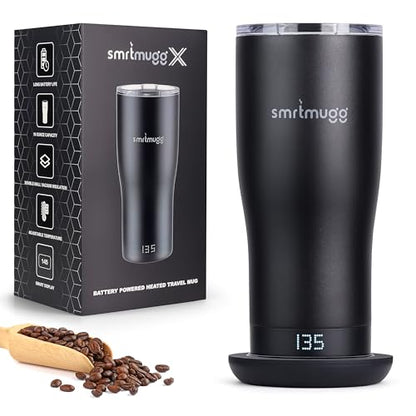 SmrtMugg X Heated Coffee Mug 19 oz., 8 Hour Battery Life, Self-Heating, Adjustable Temp Controlled, LCD Screen, One Button Temperature Adjustment, Includes Cover with Magnetic Slider (Black) (Black) - color: Black