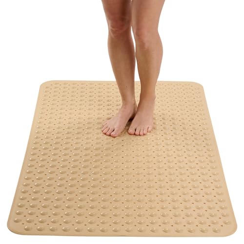 ENKOSI Extra Large Shower Mat Non Slip - 47 x 32 inch - XL Bathroom Shower Mat - Large Shower Mats for Shower Stall Floors - Secure Suction Cups and Drain Holes (47x32 Beige Opaque) - color: Beige Opaque, size: 47" x 32" (Rectangular)
