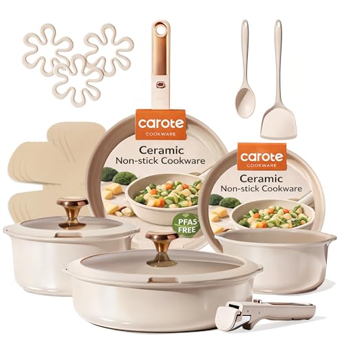 CAROTE 18Pcs Ceramic Cookware Set with Detachable Handle, Pots and Pans Set Non Stick, Non Toxic Cookware Set Removable Handles, Induction Kitchen Cookware Sets, Dishwasher/Oven Safe - color: Bronze Gold White