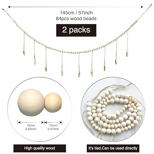Kuailiahai 2pcs Hanging Photo Display Wooden Beads Wall Decor with 18 Wooden Clips, 57inches Boho Clip Photo Holders for Bedroom, Living Room Decor, Teen Girl Gifts