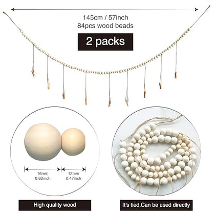 Kuailiahai 2pcs Hanging Photo Display Wooden Beads Wall Decor with 18 Wooden Clips, 57inches Boho Clip Photo Holders for Bedroom, Living Room Decor, Teen Girl Gifts