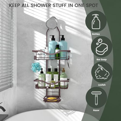 REINHARDT Shower Caddy Hanging Adjustable, Extended Length Rustproof Showers Caddy Over Showerhead with Hooks Soap Holder, Large Capacity Shower Organizer Anti-Swing Bathroom Organizer, Bronze - color: Bronze