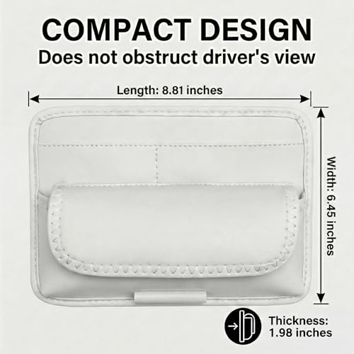 HOLDCY Car Visor Organizer – Sun Visor Storage Pouch Holder for Vehicle Truck SUV, PU Leather Auto Interior Accessories for Registration Document, Gas Card & Sunglasses, Universal Fit (White) | Keeps Registration, Cards & Sunglasses Neatly Within Reach -