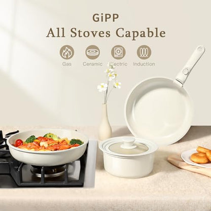 GiPP Ceramic Pots and Pans Set Non Stick, Nonstick Detachable Handle Cookware Sets, Healthy Non Toxic PFAS PFOA & PTFE Free, Dishwasher ＆Oven Safe, Induction Kitchen Pot and Pan, 15 Piece Cream - color: White, size: 15PCS 02
