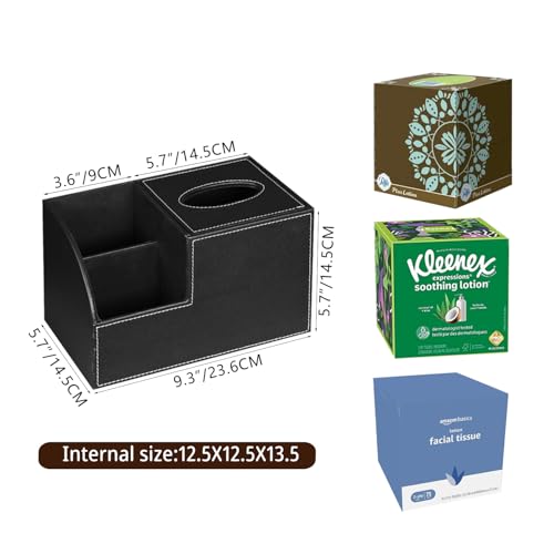 PU Leather Square Tissue Box Cover - Multi-Functional Tissue Box Holder, Tissue Box Cover with Storage,Tissue and Remote Control Holder, Cube Tissue Box Organizer Bedroom Nightstand End Table - color: Black