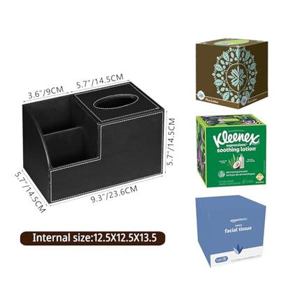 PU Leather Square Tissue Box Cover - Multi-Functional Tissue Box Holder, Tissue Box Cover with Storage,Tissue and Remote Control Holder, Cube Tissue Box Organizer Bedroom Nightstand End Table - color: Black