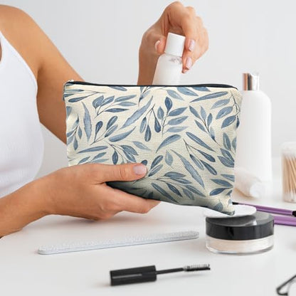 Blue Floral Makeup Bag Pouch, Blue and White Chinoiserie Makeup Pouch, Floral Cosmetic Bag, Boho Botanical Leaves Cosmetic Bag for Women - color: Blue Leaves
