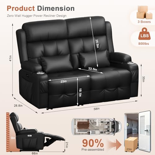 Power RV Loveseat Recliner Sofa, Reclining Loveseats Couch for RV Furniture, Home Theater Seating with Heat Massage, USB, Insert Pockets, Cup Holders, 150° Wall Hugger RV Recliners Sleeper Sofas - color: Black, size: Loveseat-G1-Power