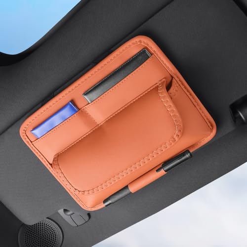 HOLDCY Car Visor Organizer – Sun Visor Storage Pouch Holder for Vehicle Truck SUV, PU Leather Auto Interior Accessories for Registration Document, Gas Card & Sunglasses, Universal Fit (Oranger) | Keeps Registration, Cards & Sunglasses Neatly Within Reach