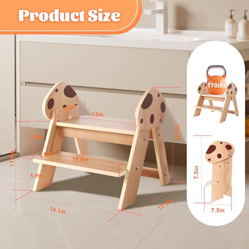 Beech Wooden Toddler Step Stool, 2-Step Foldable Stool for Kids with Non-Slip Surface, Baby Bathroom Stool for Potty Training, Bathroom Sink, Kitchen Counter with Cute Mushroom Design - style: Mushroom