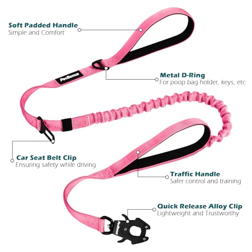 PetBonus Heavy Duty Tactical Dog Leash, 5 FT Bungee Shock Absorption Leash with 2 Padded Handles, Quick Release Metal Clip, Car Seatbelt, No Pull Training Lead for Large Medium Dogs（Pink） - color: Pink