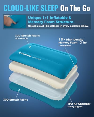 KingCamp Large Camping Pillow, Hybrid Inflatable Pillow with Soft Washable Foam Cover, Quiet Camp Pillow for Side Sleepers, Car Camping, Travel & Backpacking - color: Sky Blue