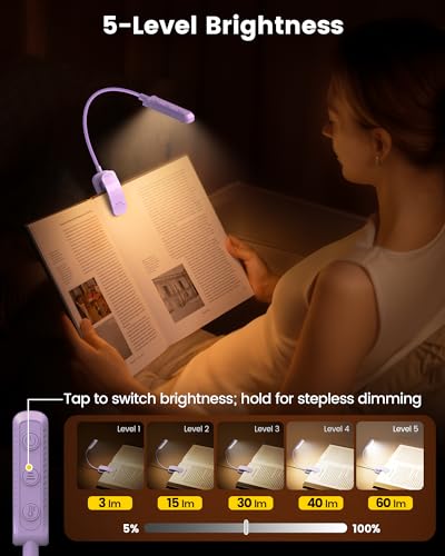Glocusent 13 LED Rechargeable Book Light for Reading at Night, Eye-Caring 3 Amber Colors & Stepless Dimming, Lasts 1 Week to 2 Months, Travel Clip on Lamp, Gifts for Book Lovers, Men, Women & Kids - color: Purple