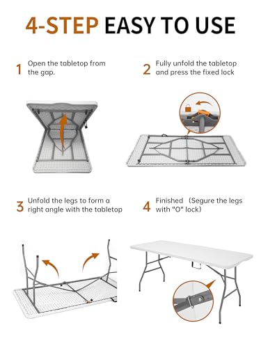 6FT Folding Camping Table Portable 350lbs, 6 Foot Folding Picnic Card Table for Outdoor, Plastic Rectangular Dining Work Tables for Indoor, Heavy Duty Fold-in-Half Tray Tables, 71x29 inch - size: 6 FT