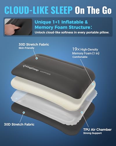 KingCamp Large Camping Pillow, Hybrid Inflatable Pillow with Soft Washable Foam Cover, Quiet Camp Pillow for Side Sleepers, Car Camping, Travel & Backpacking - color: Dark Grey