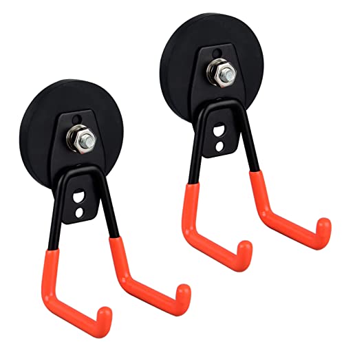 ULIBERMAGNET Heavy Duty Magnetic Garage Hooks,Strong Large Magnet Hooks for Power Drill,Garden Tools,Hose,Pegboard,Garage, Workshop,2 Pack Magnetic Storage Holder for Indoor Outdoor Hanging(Orange) - style: 2.59" Strong Medium L Orange