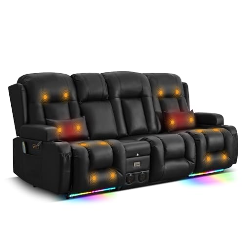 TUNYI Power Loveseat Recliner Sofa with Massage & Heat Home Theater Seating with Console RV Recliner Loveseat Sofa with USB/Storage/Side Pocket/LED Light/Speaker (Black, 3 Seat with Console) - color: Black, size: 3 Seat with console