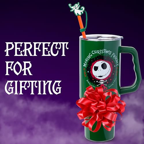 Silver Buffalo Disney Nightmare Before Christmas Making Xmas Fright Jack Skellington & Zero Double Walled Stainless Steel Tumbler w Handle, Straw, and Straw Cap, Fits in Standard Cup Holder, 40 Ounces - color: Nightmare Before Christmas Making Xmas Fright