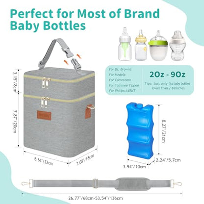 PIIOSER Breastmilk Cooler Bag with Ice Pack Fits 6 Baby Bottles Up to 9 Ounce, Insulated Baby Bottle Tote Bags, Double Layer Waterproof Leak-Proof with Shoulder Strap for Nursing & Working Mom (Grey) - color: Grey
