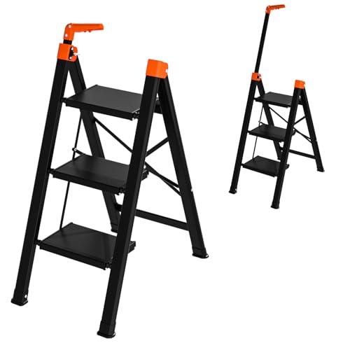 3 Step Ladder with Single Handrail,Retractable Handgrip 3 Folding Step Stool,Lightweight Aluminum Step Ladder 3 Step Folding,600lbs Max Load Capacity for Household,Kitchen,Office - color: Orange, size: 3 steps