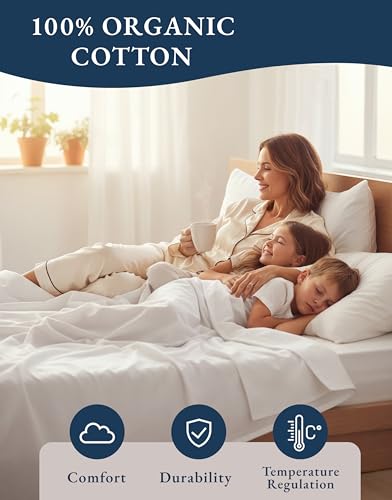 LANE LINEN 100% Organic Cotton Twin Sheets Set, 3Pc Twin Bed Sheets, Soft & Comfy Breathable Cotton Percale Sheets for Twin Size Bed, Dorm Room Essentials Low Pill Fade Resistant White Sheets | Twin Sheet Set, GOTS Certified Organic Cotton Percale - For D