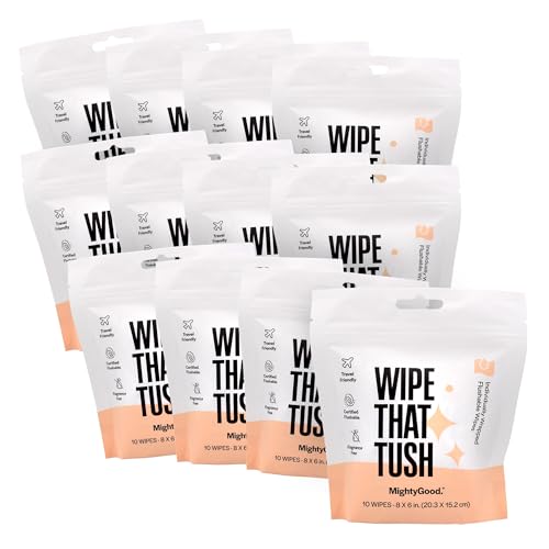 Wipe That Tush On-The-Go Flushable Wipes Bulk Pack - 12 Packs of 10 Individually Wrapped Travel Wipes, 120 Total - Fragrance Free - Hypoallergenic With Aloe & Vitamin E - Septic Safe - size: 1 Count (Pack of 120)