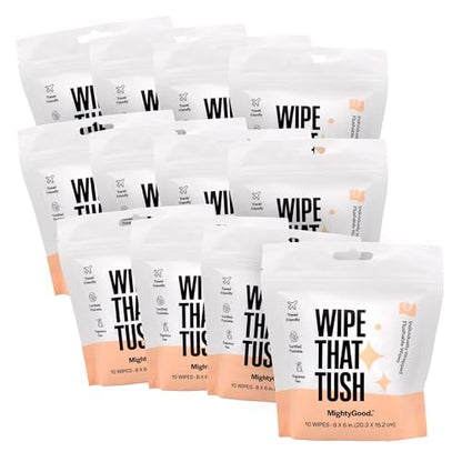 Wipe That Tush On-The-Go Flushable Wipes Bulk Pack - 12 Packs of 10 Individually Wrapped Travel Wipes, 120 Total - Fragrance Free - Hypoallergenic With Aloe & Vitamin E - Septic Safe - size: 1 Count (Pack of 120)