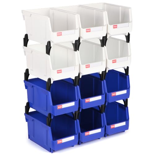 Stackable Storage Bins 12 Pack (7x5x4 Inch), Plastic Stackable Storage Organizer Bins Wall Mounted Hanging Small Parts Bin for Garage, Workbench & Office (Blue & White) - color: Blue & White 12pack, size: 7x5x4 inch