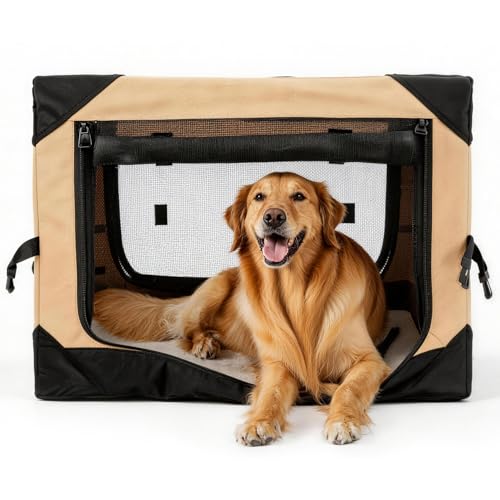 42 Inch Soft Collapsible Crate for Extra Large Dogs, 4-Door Portable Foldable Soft Kennel with Chew Proof Mesh Windows for Indoor & Outdoor Travel Beige - color: Beige, size: 42.0"L x 31.0"W x 31.0"H