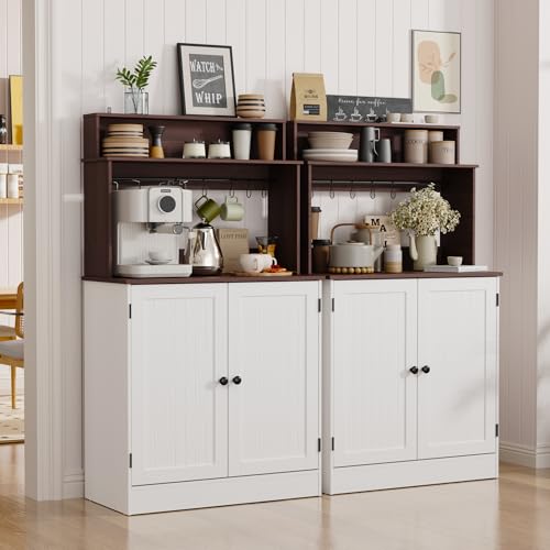 MHOM Farmhouse Bar Cabinet with Storage, Coffee Station Cabinet with 5 Hooks, Small Coffee Bar for Kitchen & Living Room, Antique White - color: White