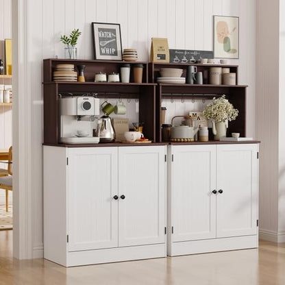MHOM Farmhouse Bar Cabinet with Storage, Coffee Station Cabinet with 5 Hooks, Small Coffee Bar for Kitchen & Living Room, Antique White - color: White