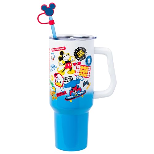 Silver Buffalo Disney Mickey and Friends Featuring Donald Duck, Daisy Duck, Minnie Mouse, Mickey Mouse, Goofy, and Pluto Stainless Steel Tumbler with Straw Cover, Lid, Straw, and Handle, 40 Ounces - color: Mickey and Friends