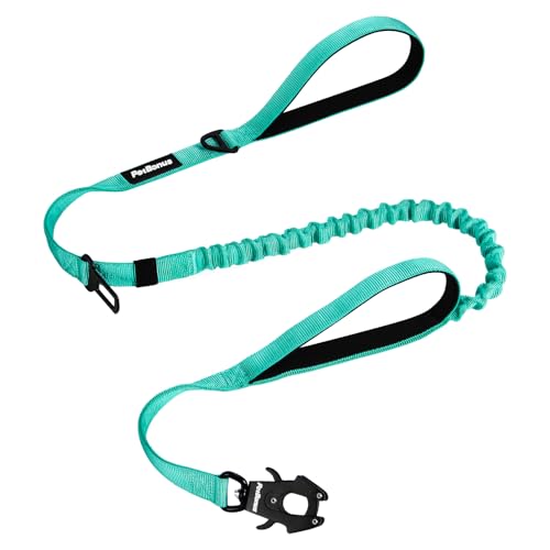 PetBonus Heavy Duty Tactical Dog Leash, 5 FT Bungee Shock Absorption Leash with 2 Padded Handles, Quick Release Metal Clip, Car Seatbelt, No Pull Training Lead for Large Medium Dogs（Turquoise） - color: Turquoise