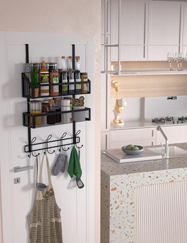 Over The Door Hooks Organizer Storage - Over The Door Hanger for Coat Rack, Storage with 12 Hook & 2 Mesh Baskets, for Bathroom,Bedroom,Kitchen,Office (2Tier Basket with 12 Hooks)