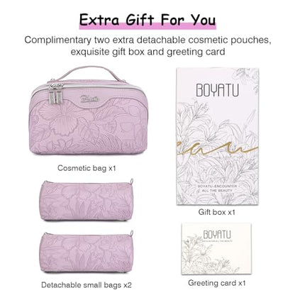 BOYATU Travel Makeup Bags Cosmetic Organizer Bag: 3-Set Large Capacity Make up Bag - PU Leather Toiletry Bags for Women - Wide Open Portable Pouch with Divider & Handle (01-Z-Light Purple) - color: 01-Z-Light Purple