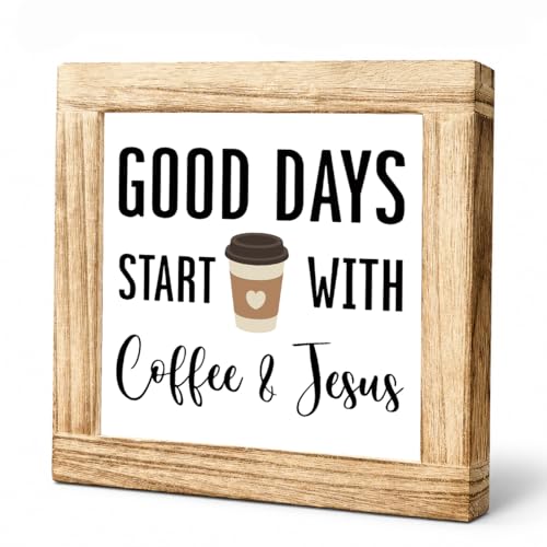 Coffee Sign Decor for Coffees Bar Good Days Start with Coffee & Jesus Wood Farmhouse Wall Sign Inspirational Cafe Bar Decor for Kitchen Home Office Ideal Gift To Christian Coffees Lover 5.9x5.9 Inch - color: Coffee 11
